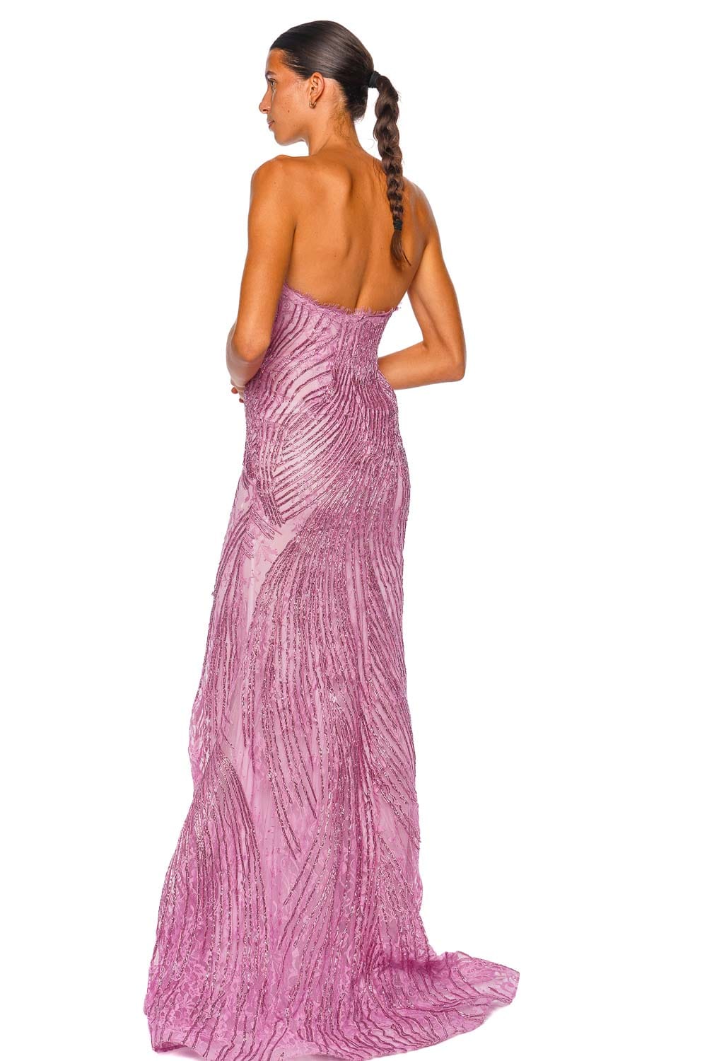 Naeem Khan Pink Metallic Raffia Lace Fit and Flare Gown