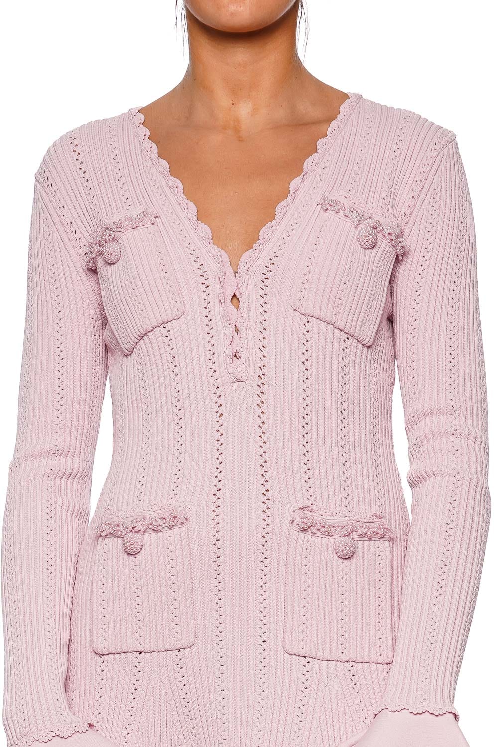 self-portrait Pink Pearl Trim Pointelle Knit Mini Dress