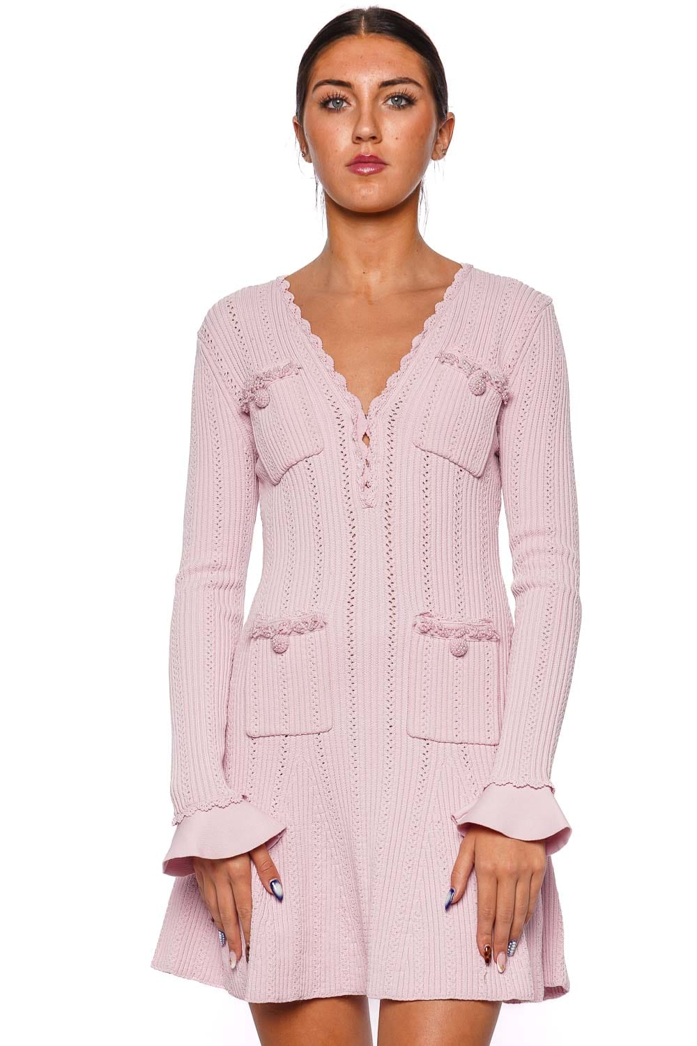 self-portrait Pink Pearl Trim Pointelle Knit Mini Dress