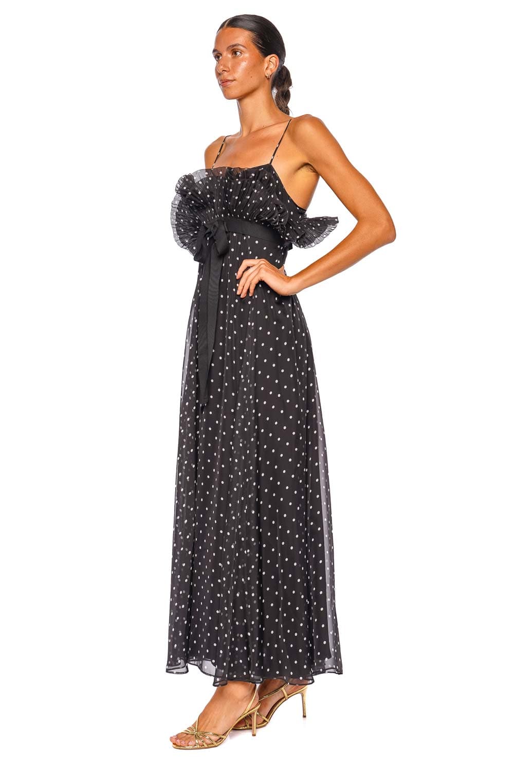 Black Dot Frill Pleated Midi Dress