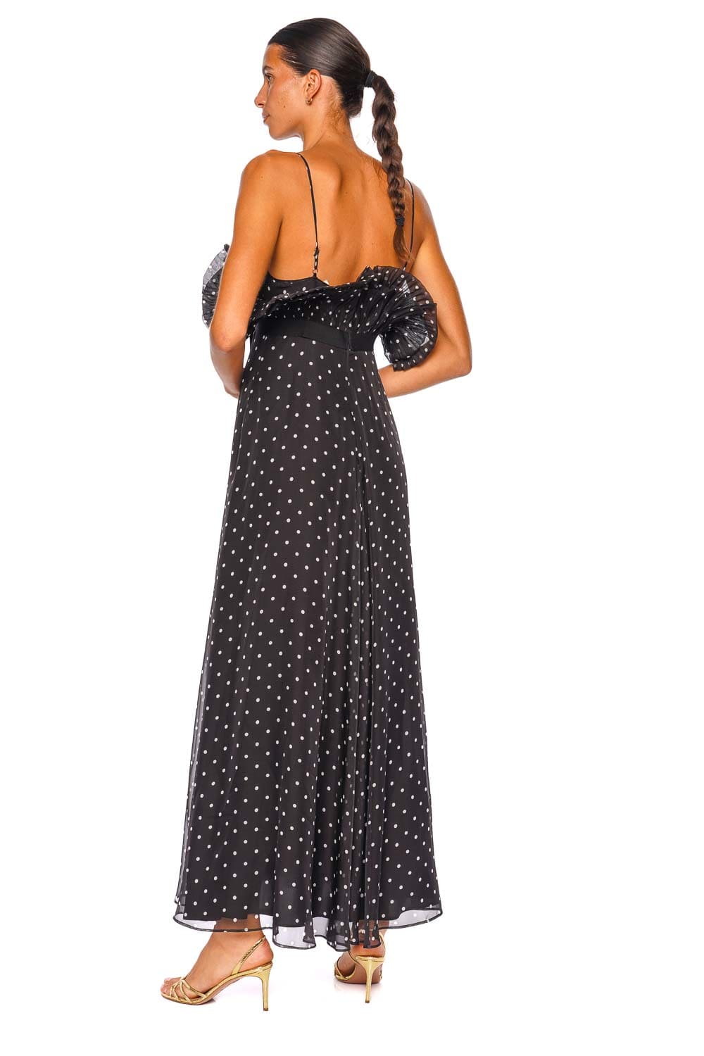 Black Dot Frill Pleated Midi Dress