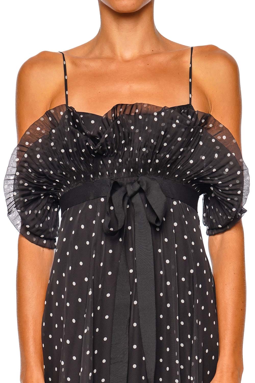Black Dot Frill Pleated Midi Dress