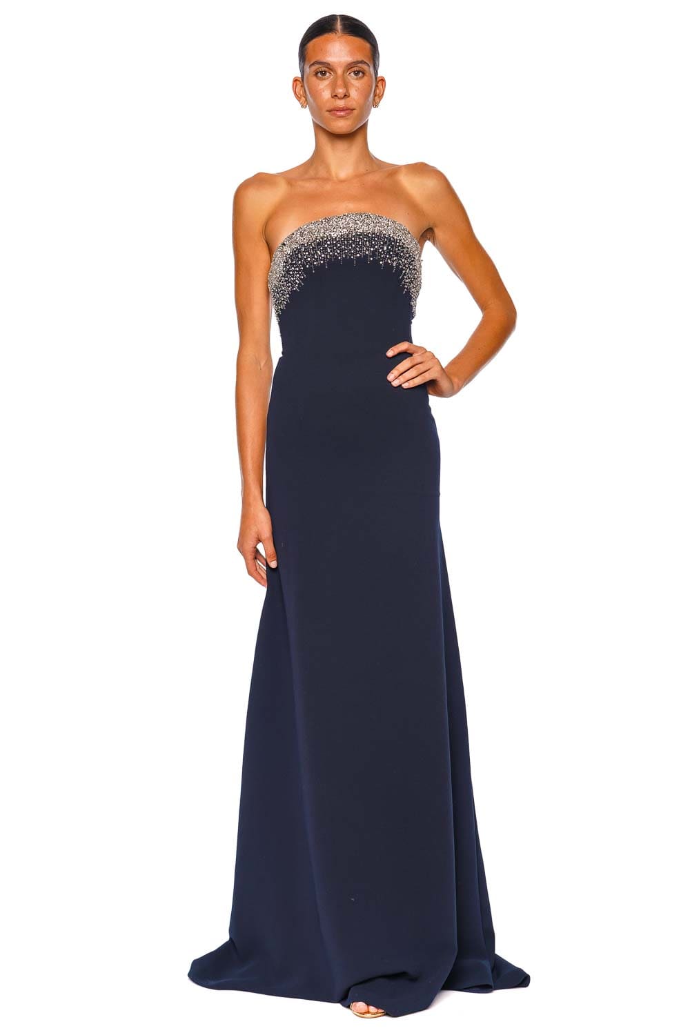 Naeem Khan Navy Crystal Embroidered Strapless Gown