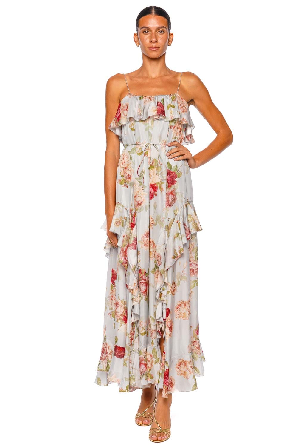 ZIMMERMANN Roselight Blue Rose Frill Silk Maxi Dress
