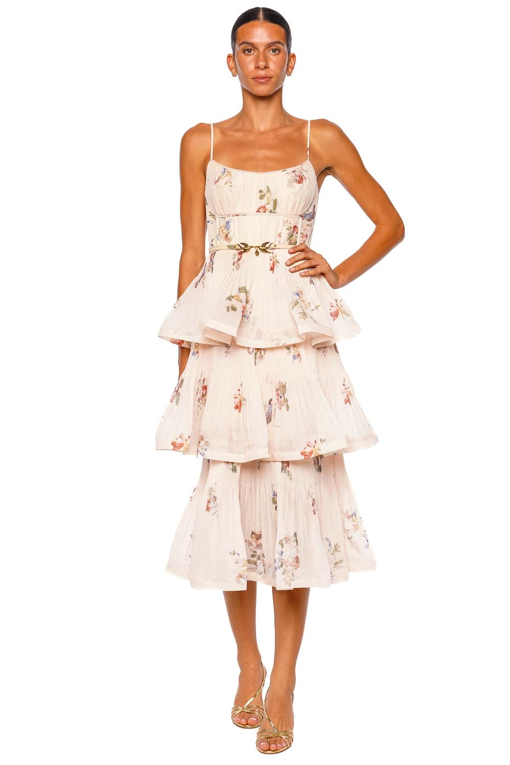 Cream Bird Pleated Tiered Midi Dress