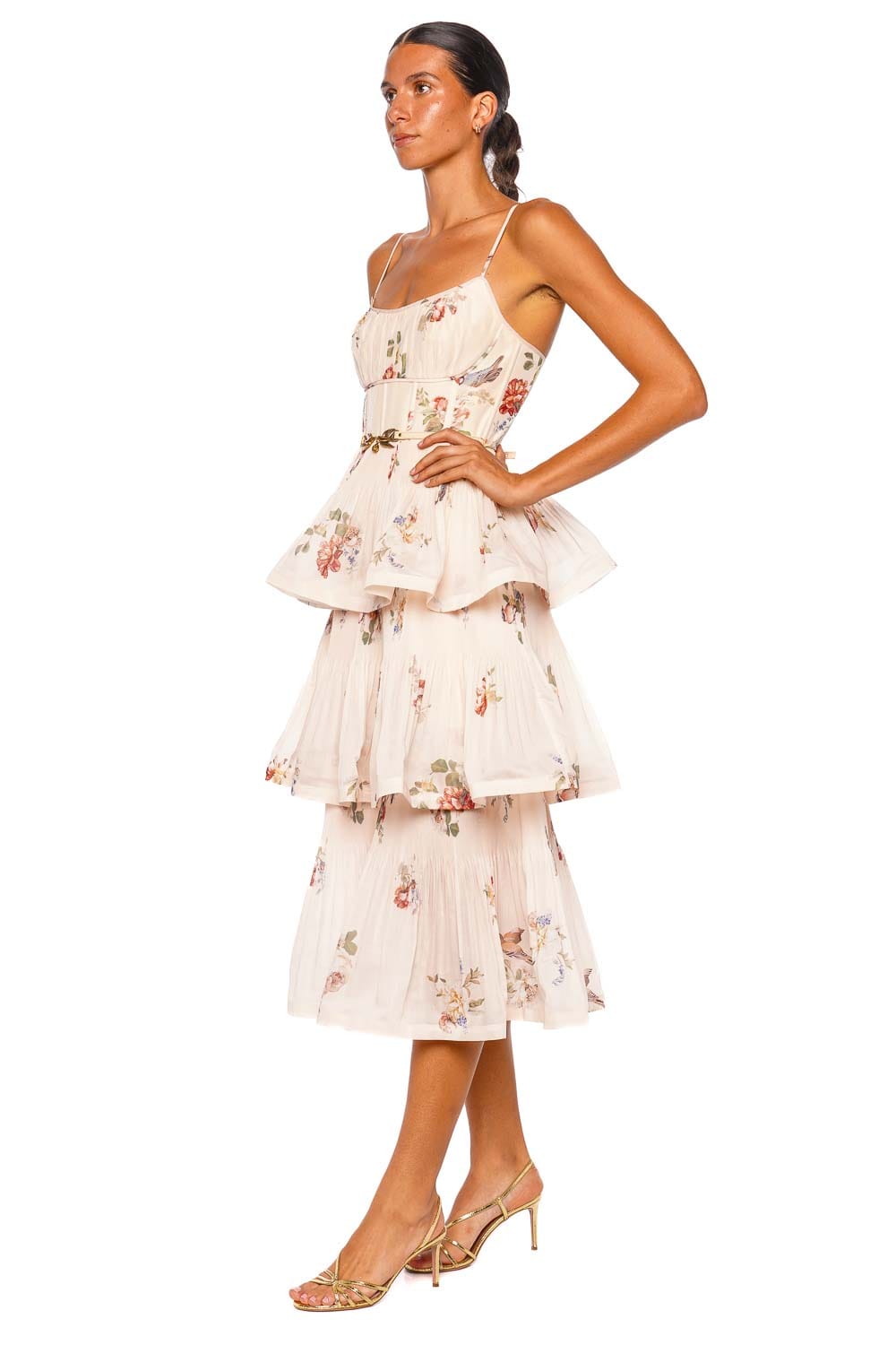 Cream Bird Pleated Tiered Midi Dress
