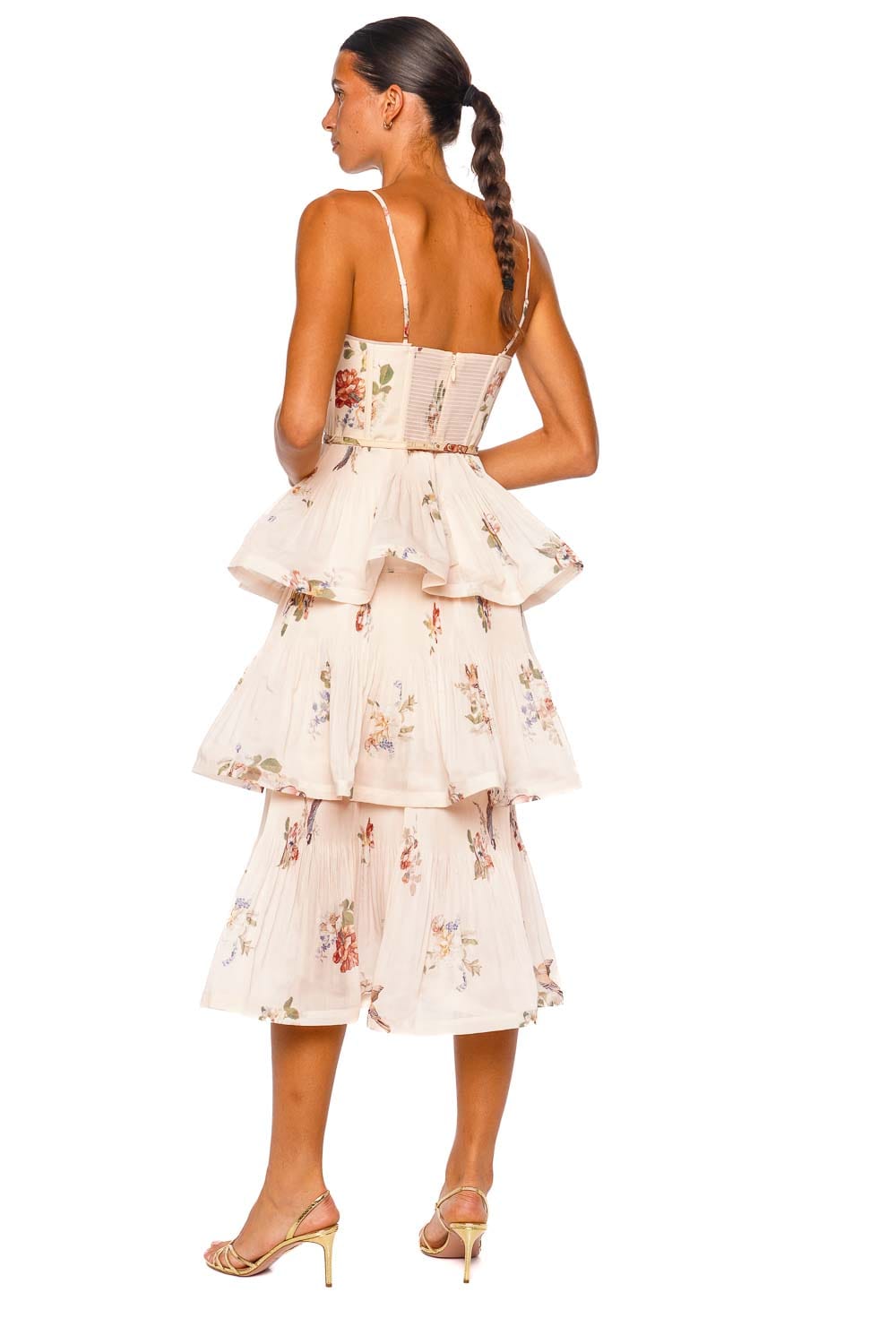 Cream Bird Pleated Tiered Midi Dress