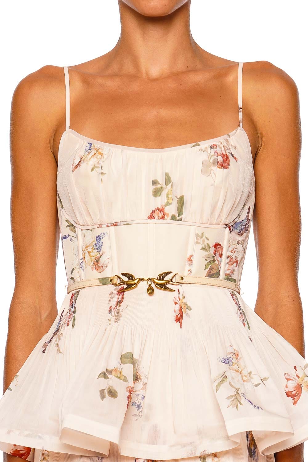 Cream Bird Pleated Tiered Midi Dress