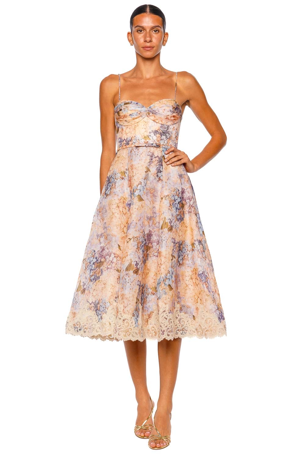 Valiant Tucked Blue Hydrangea Lace Trim Midi Dress