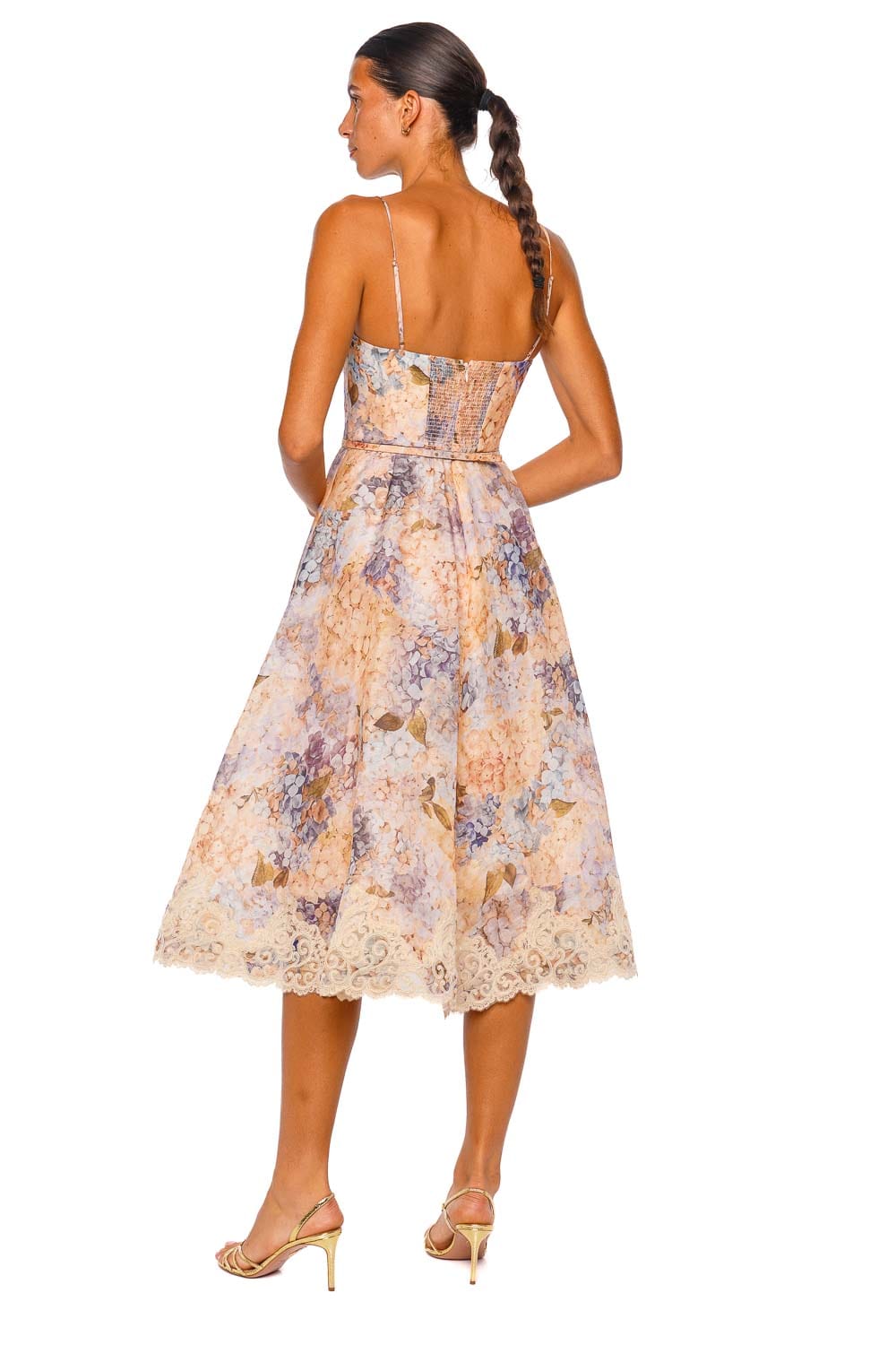 Valiant Tucked Blue Hydrangea Lace Trim Midi Dress