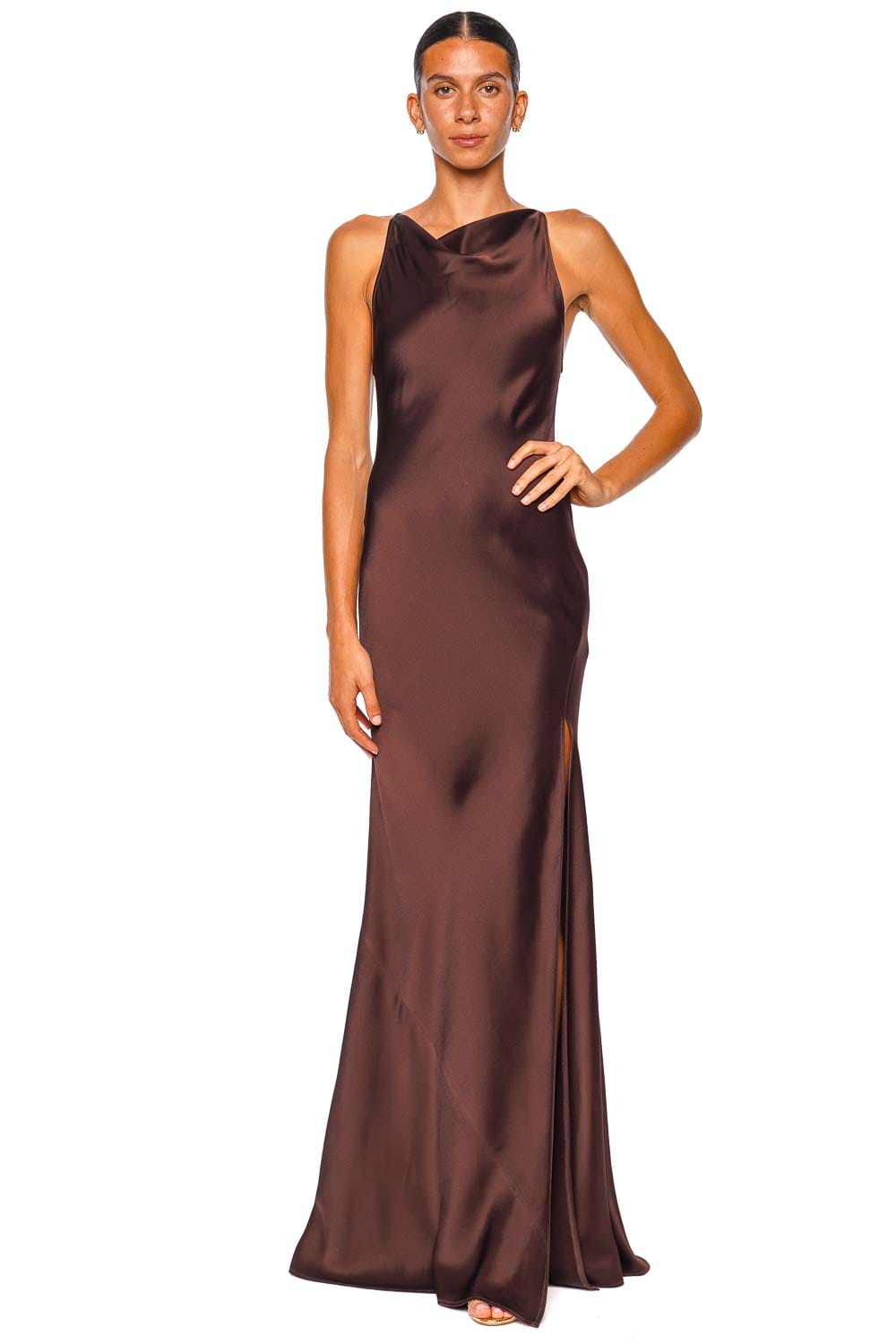 LAPOINTE Chocolate Lightweight Satin Halter Gown