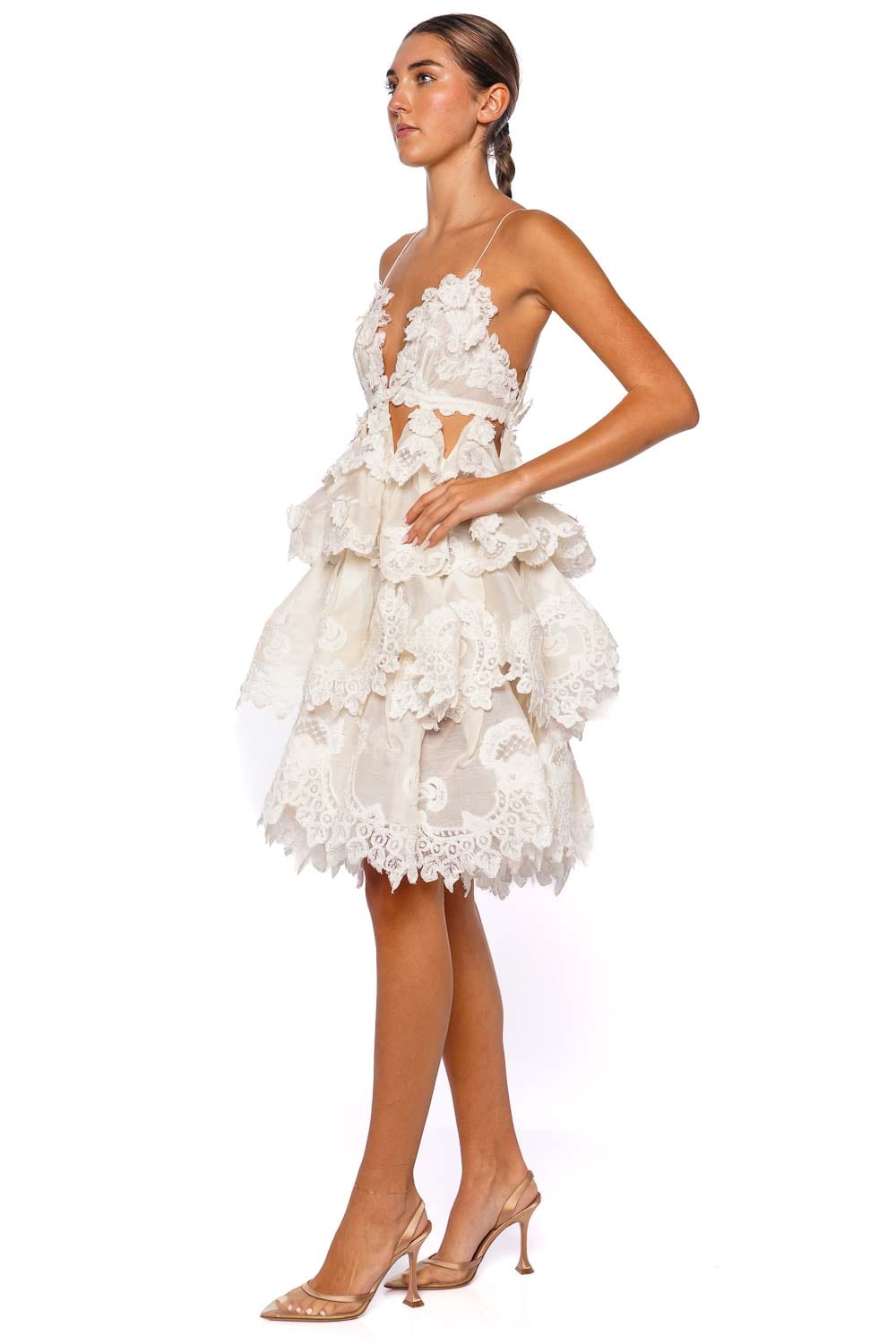 Crush Tiered Ivory Ruffled Lace Mini Dress