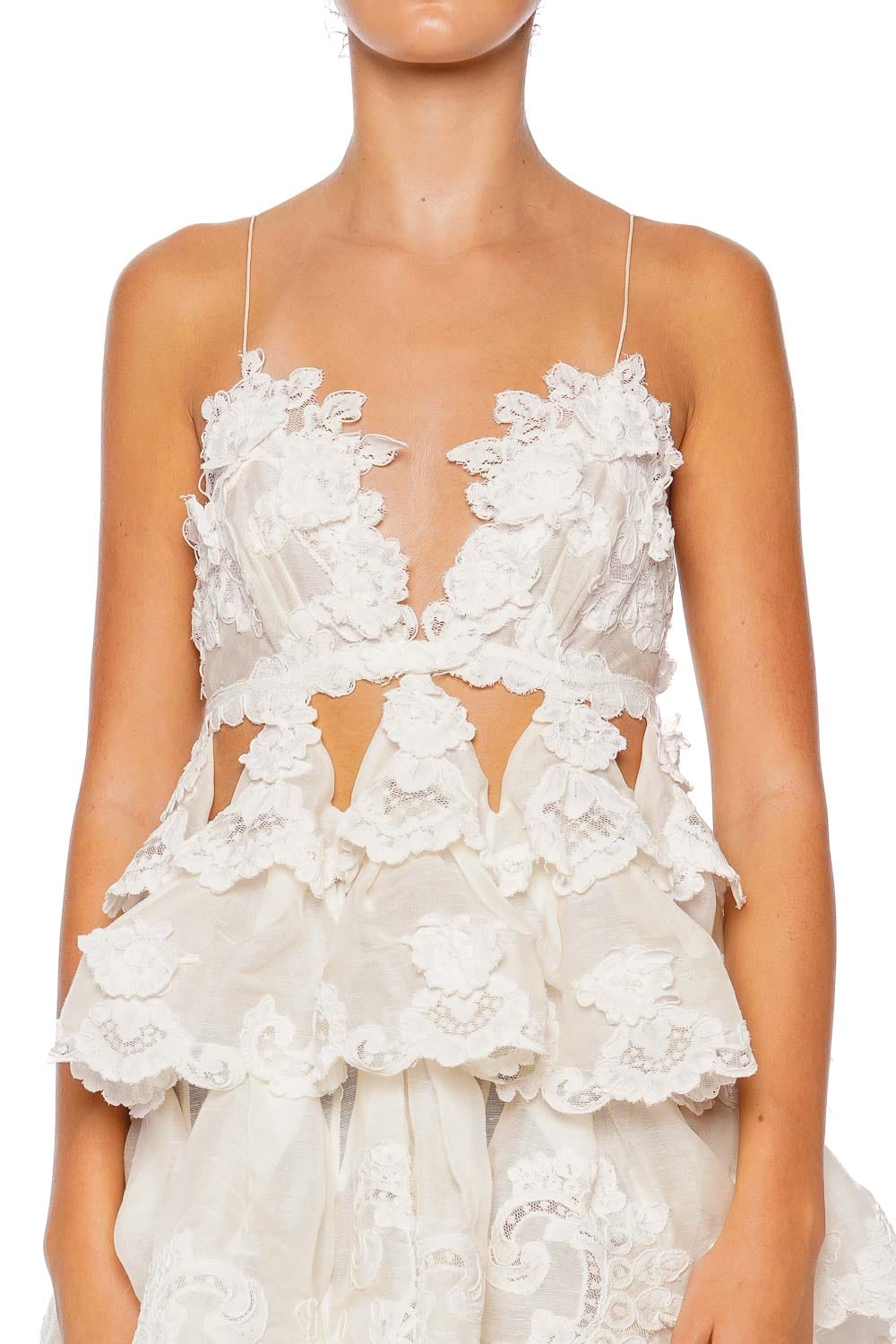 ZIMMERMANN Crush Tiered Ivory Ruffled Lace Mini Dress