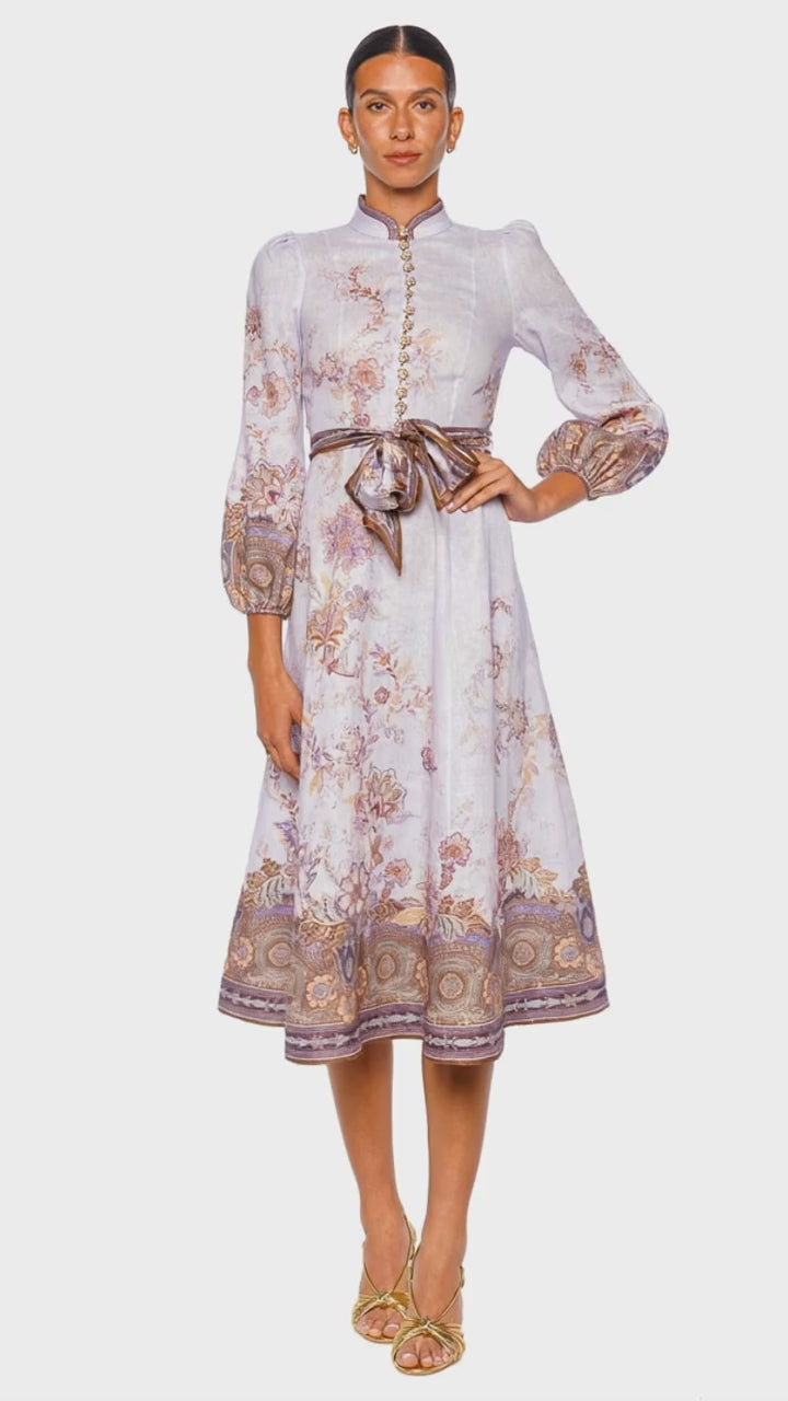 Zimmermann Luna Blue Paisley Button Long Sleeve Midi Dress