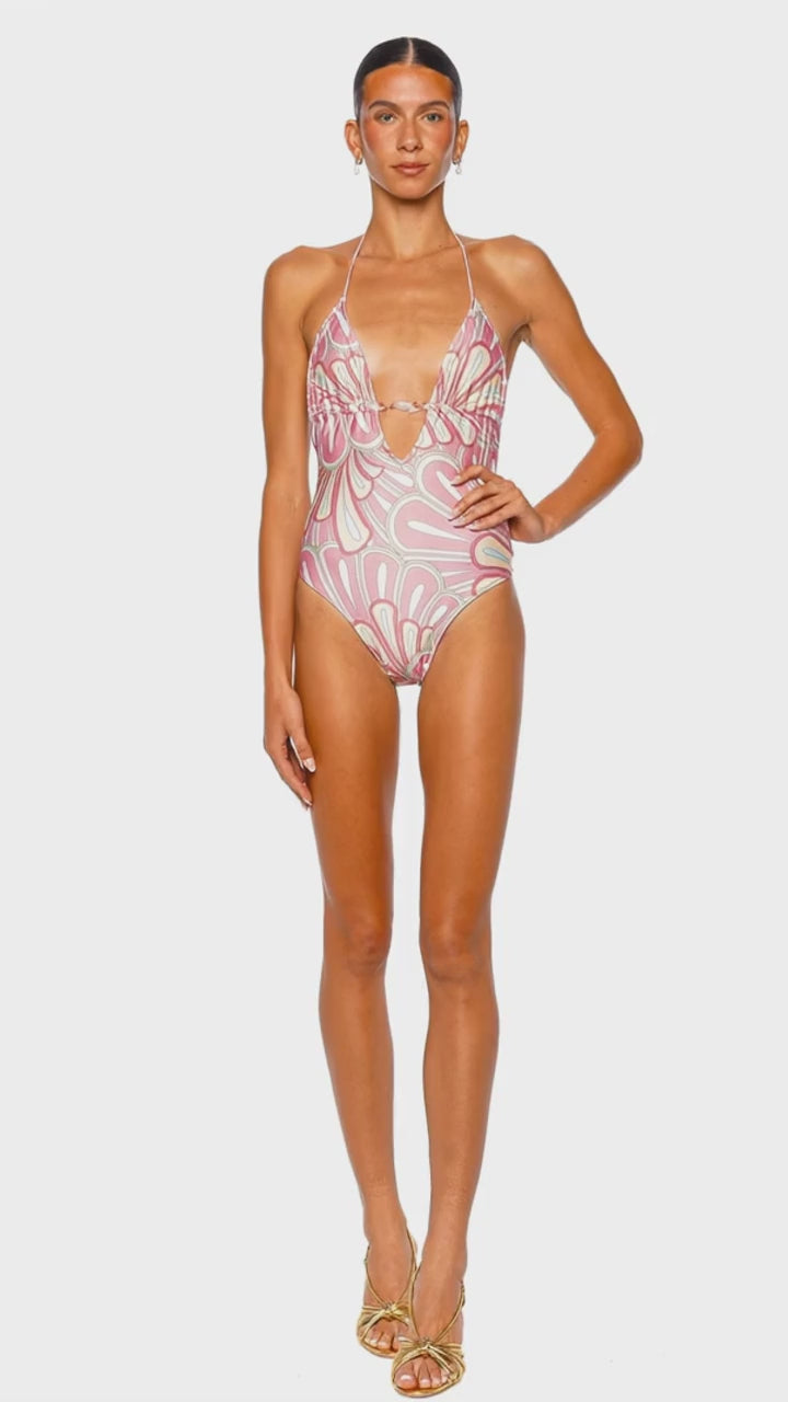 Elia Beaded Floral Halter One Piece Swimsuit