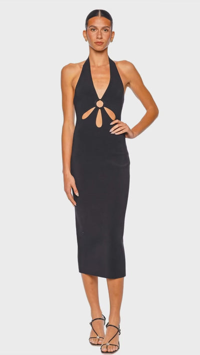 midi fit and flare sleeveless black triangle neck cocktail dress with Tie by TOCCIN X RTR making it perfect for weddings The Silhouette Midi Dress