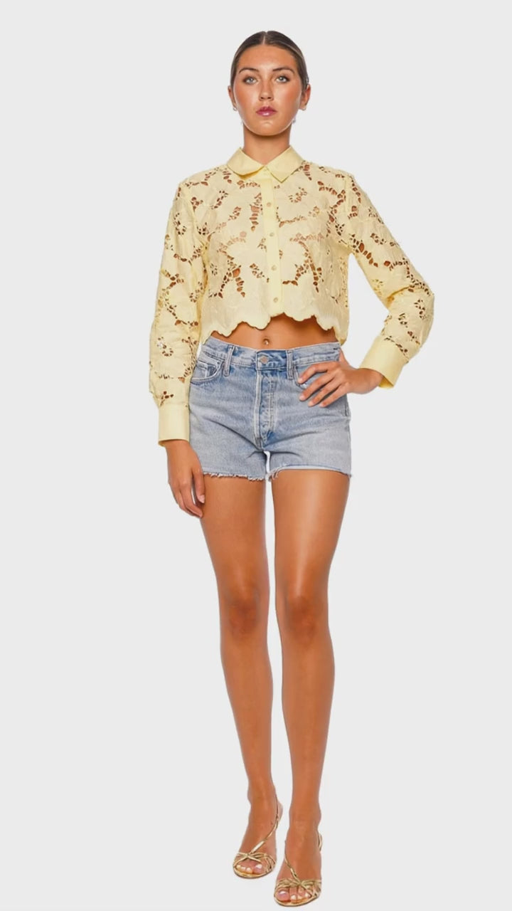 Seychelle Lemon Floral Lace Cropped Button Down