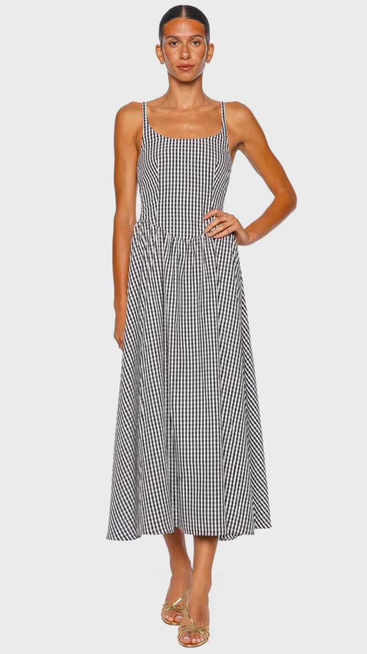 Faithfull The Brand Chiara Black Gingham Gathered Midi Dress