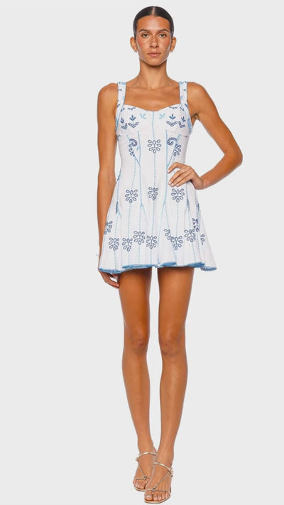 Charo Ruiz Ibiza Arissa Blue & White Embroidered Mini Dress