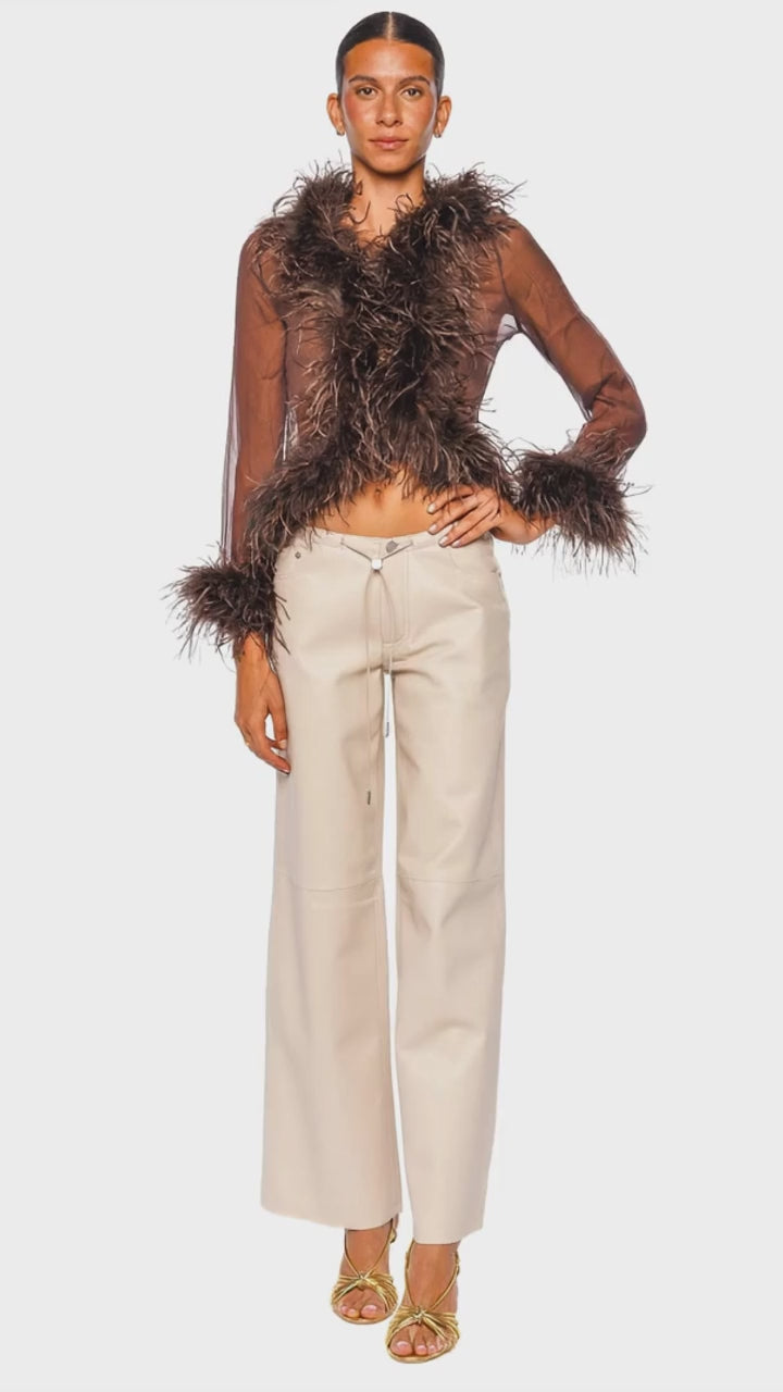 Gigi Sheer Chocolate Feather Trim Blouse