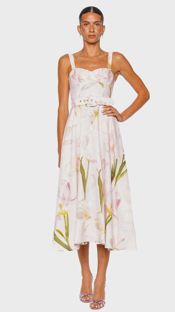 Calypso Blush Floral Bustier Linen Midi Dress