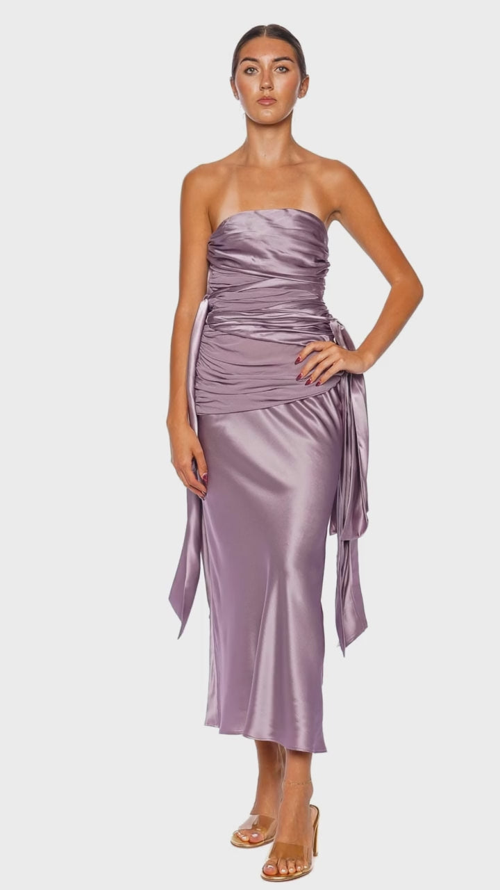 Mauve Knotted Silk Gathered Midi Dress