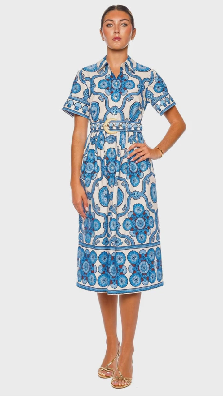 Malena Blue Floral Belted Midi Shirt Dress