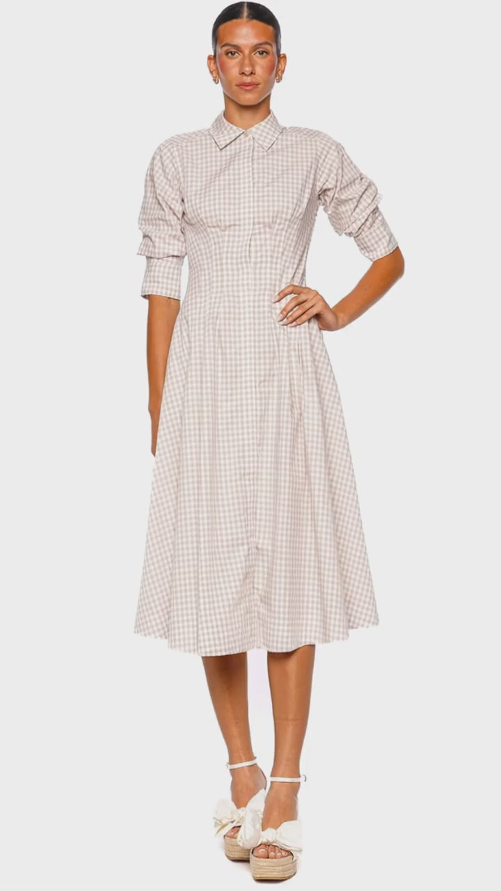 Simkhai Jazz Sand Gingham Pintuck Midi Dress