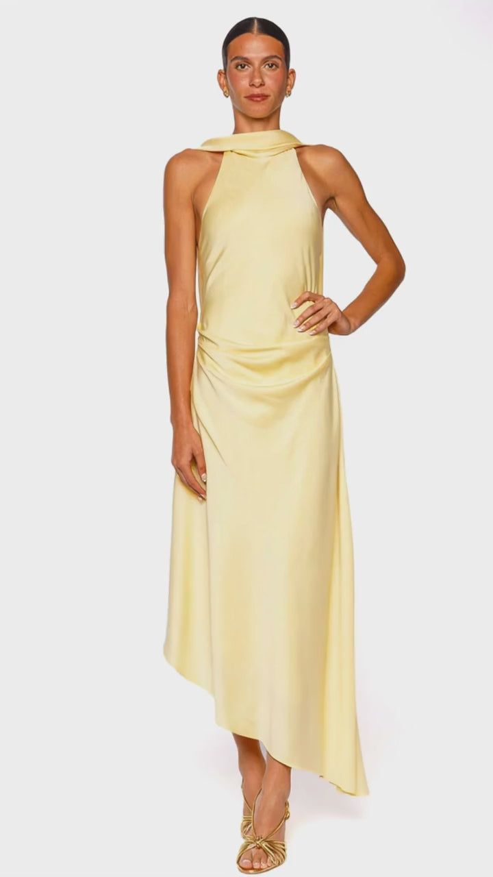 Monica Buttercream Satin Cape Halter Midi Dress