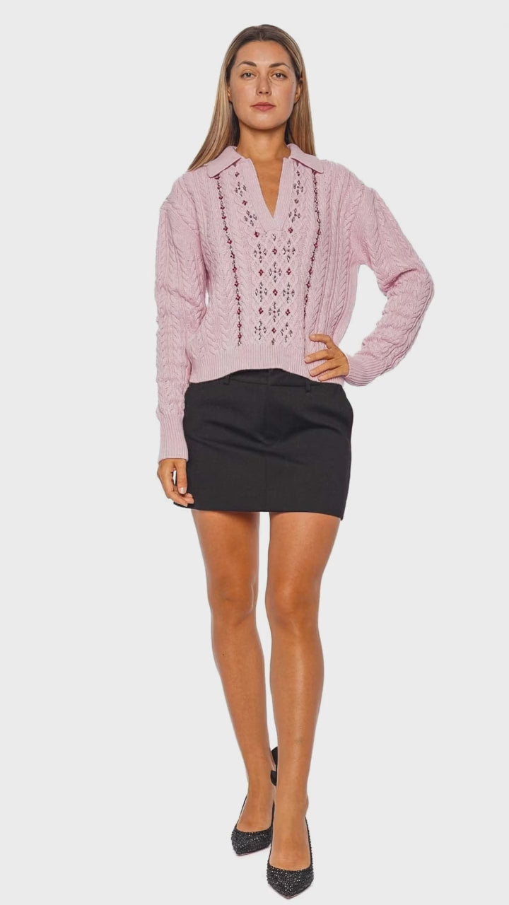 Quartz Rose Cable Knit Long Sleeve Polo Top