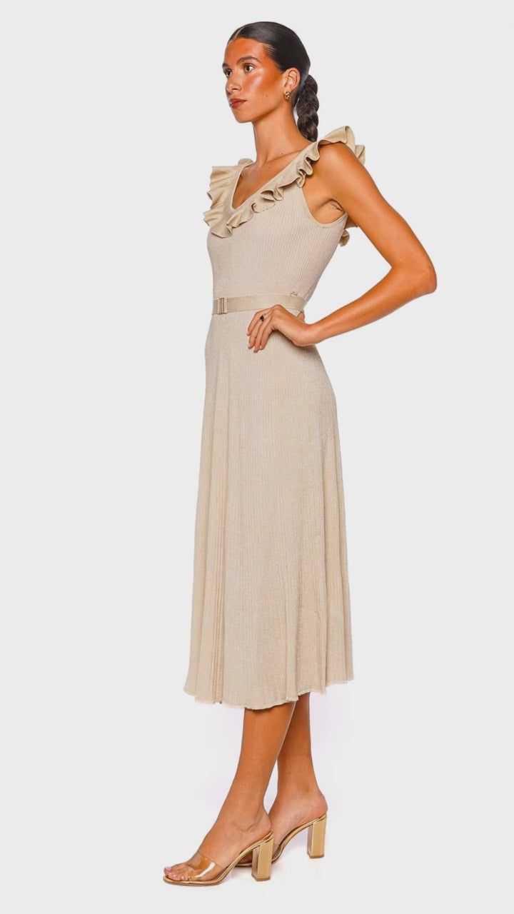 Awaken Metallic Gold Ruffled Knit Midi Dress