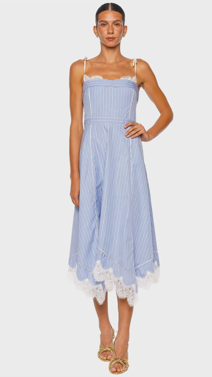 aqua stripe bustier midi dress Avaleigh Oxford Striped Lace Trim Midi Dress
