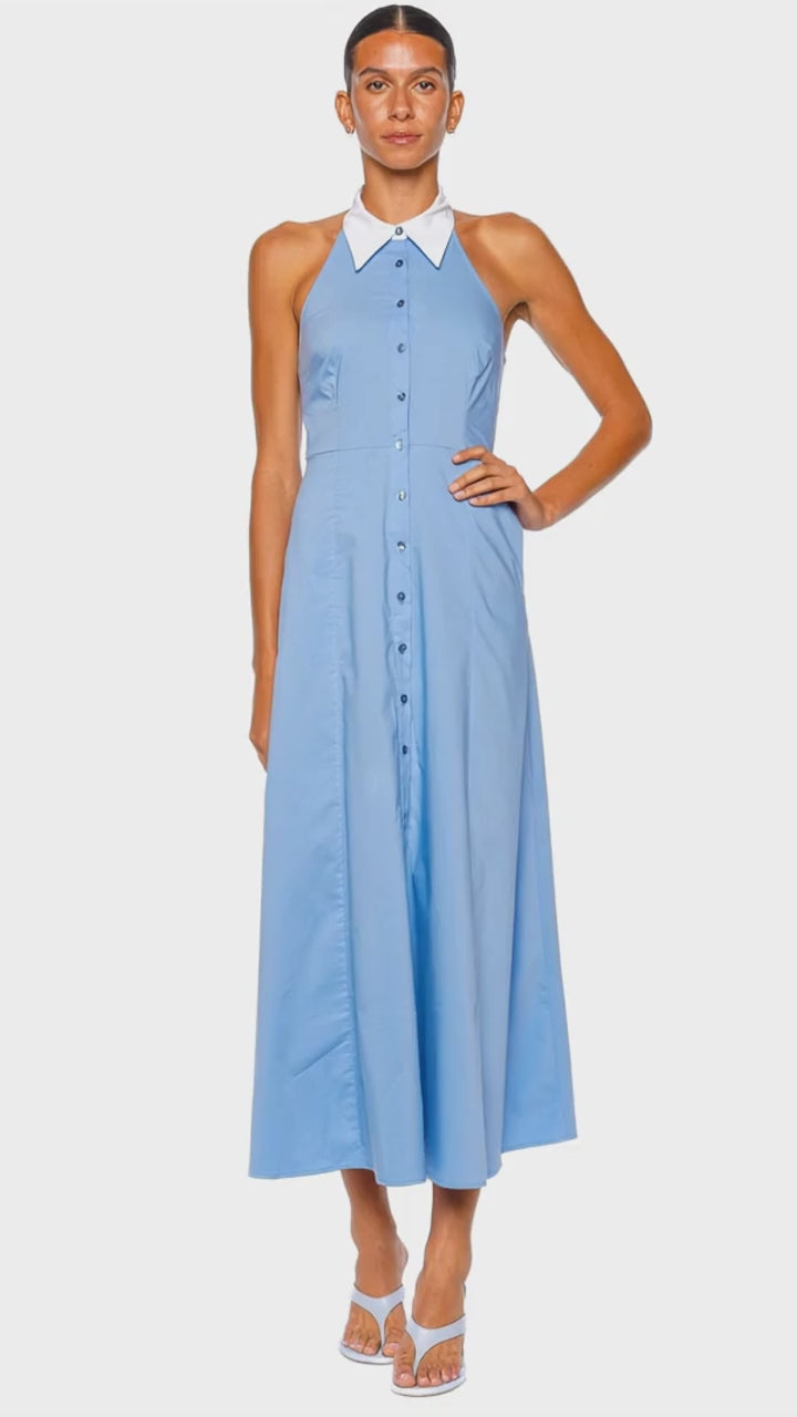 L'agence Maurie Contrast Collar Poplin Halter Maxi Dress