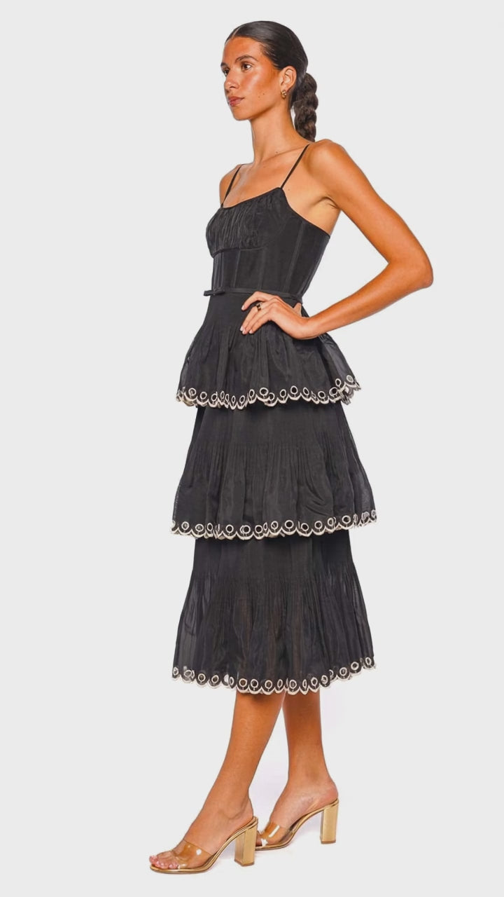 Black Contrast Embroidery Tiered Midi Dress
