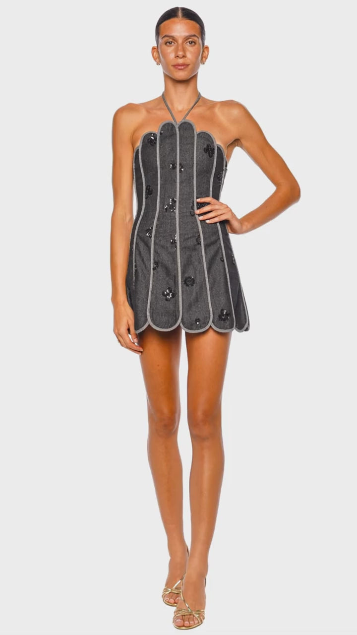 LENNY SCALLOPED SEQUIN HALTER MINI DRESS
