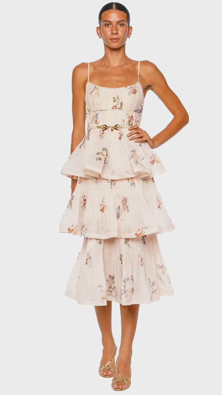 Cream Bird Pleated Tiered Midi Dress