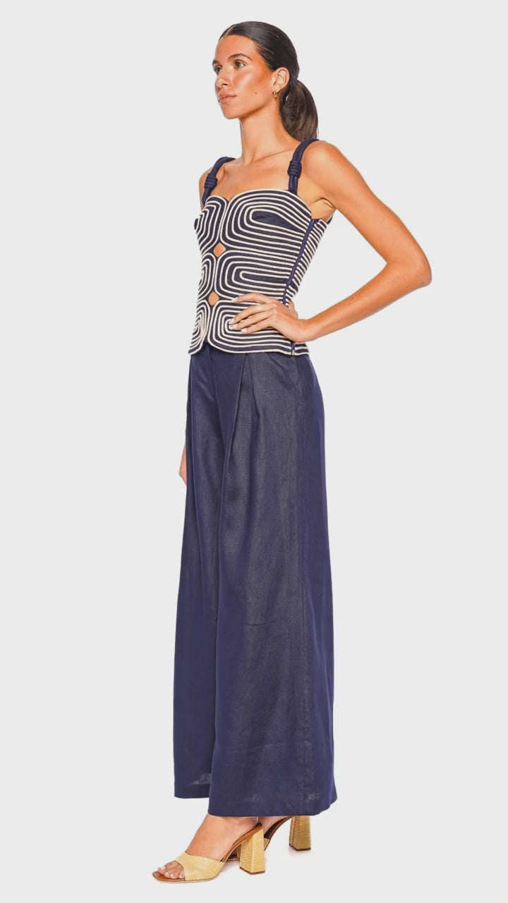Desperte Navy Pleated Linen Pant