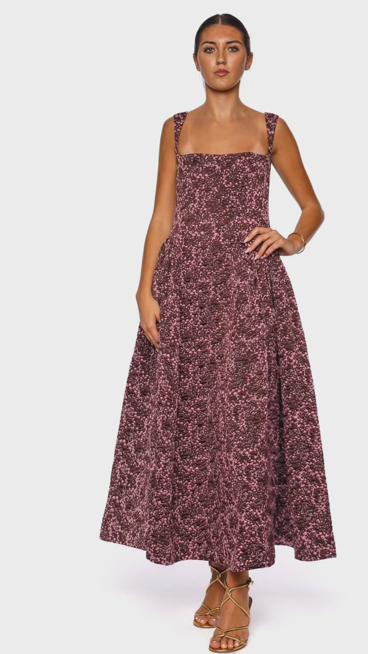 Sylvie Mulberry Jacquard Square Neck Midi Dress