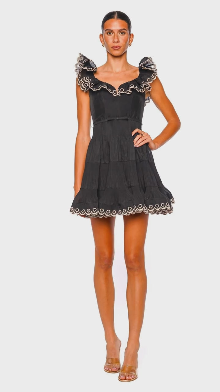 Black Contrast Embroidered Frill Mini Dress