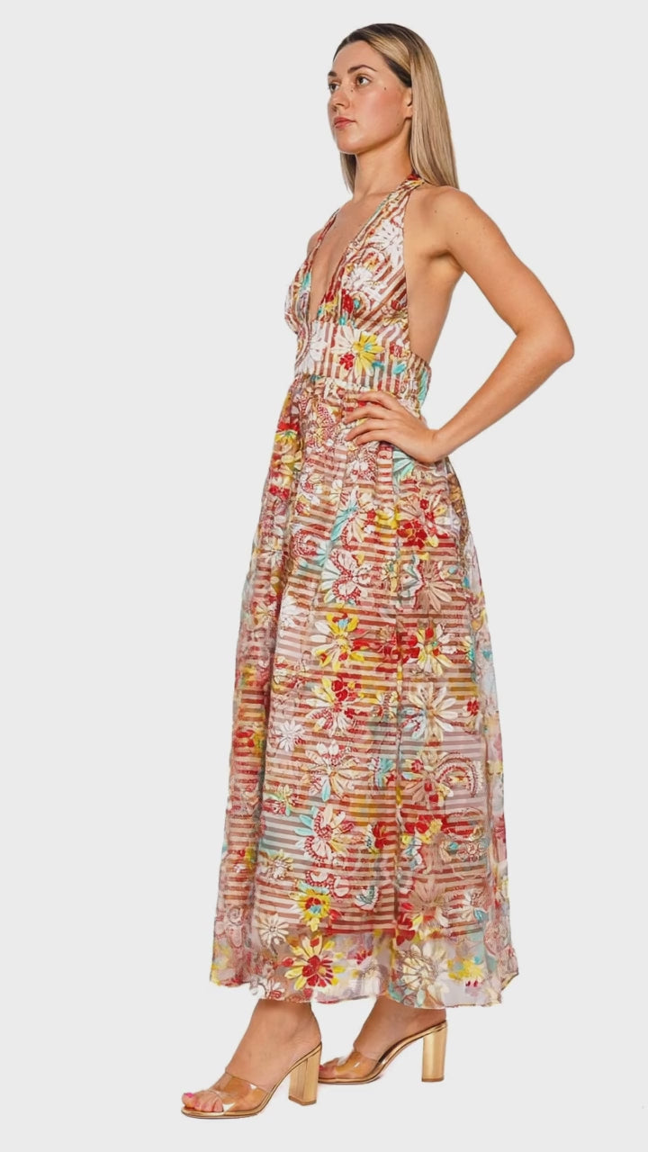 Kairi Flower Embroidered Halter Maxi Dress