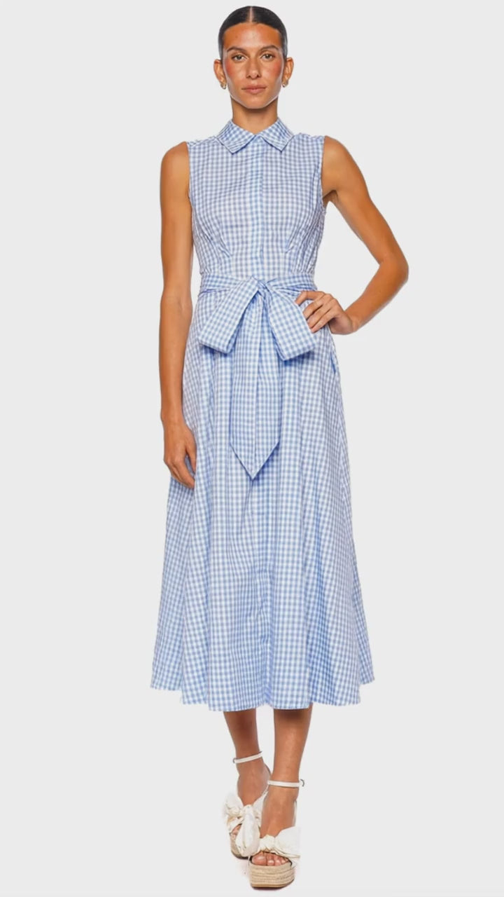 Simkhai Genny Cloud Gingham Sleeveless Belted Midi Dress