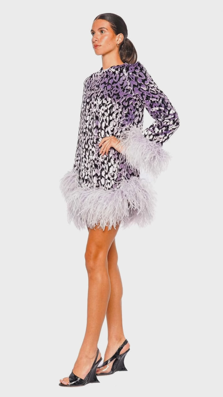 Hodi Devoré Long Sleeve Feather Trim Mini Dress
