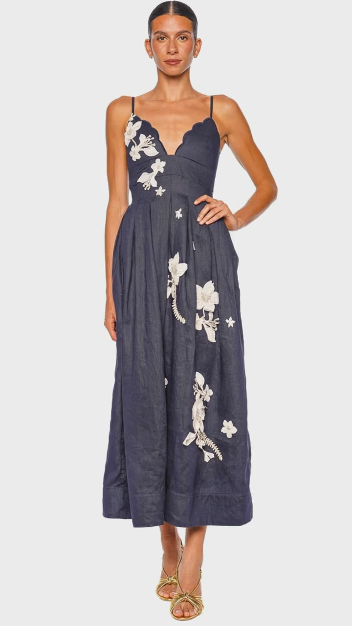 fig London GVラチネ sailor tsunagi コットン100% Sula Cauca Navy Floral Linen Midi Dress