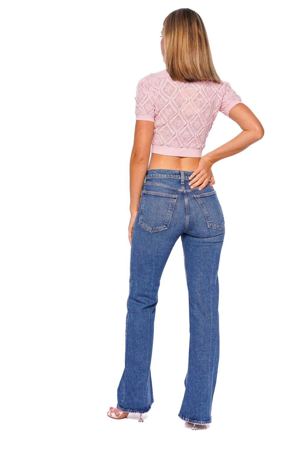 self-portrait Pink Pointelle Knit Short Sleeve Cropped Top