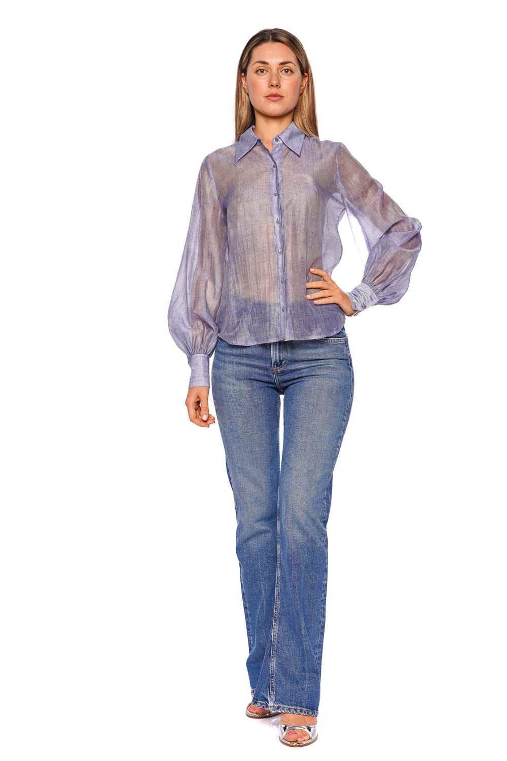 Jayleen Pale Harbor Sheer Button Down Blouse