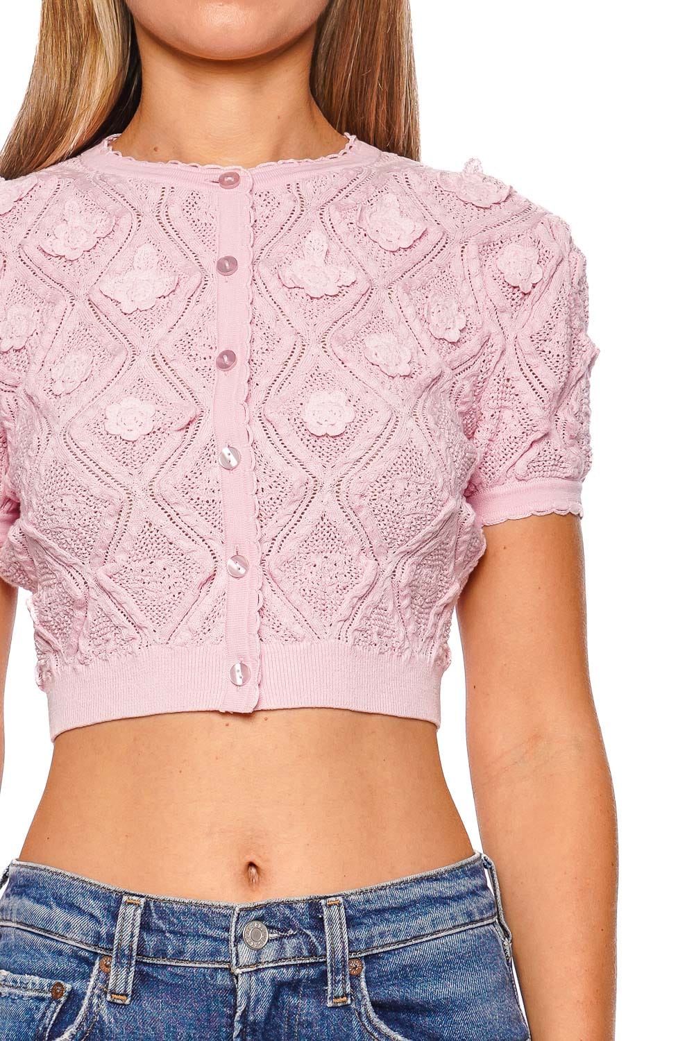 self-portrait Pink Pointelle Knit Short Sleeve Cropped Top