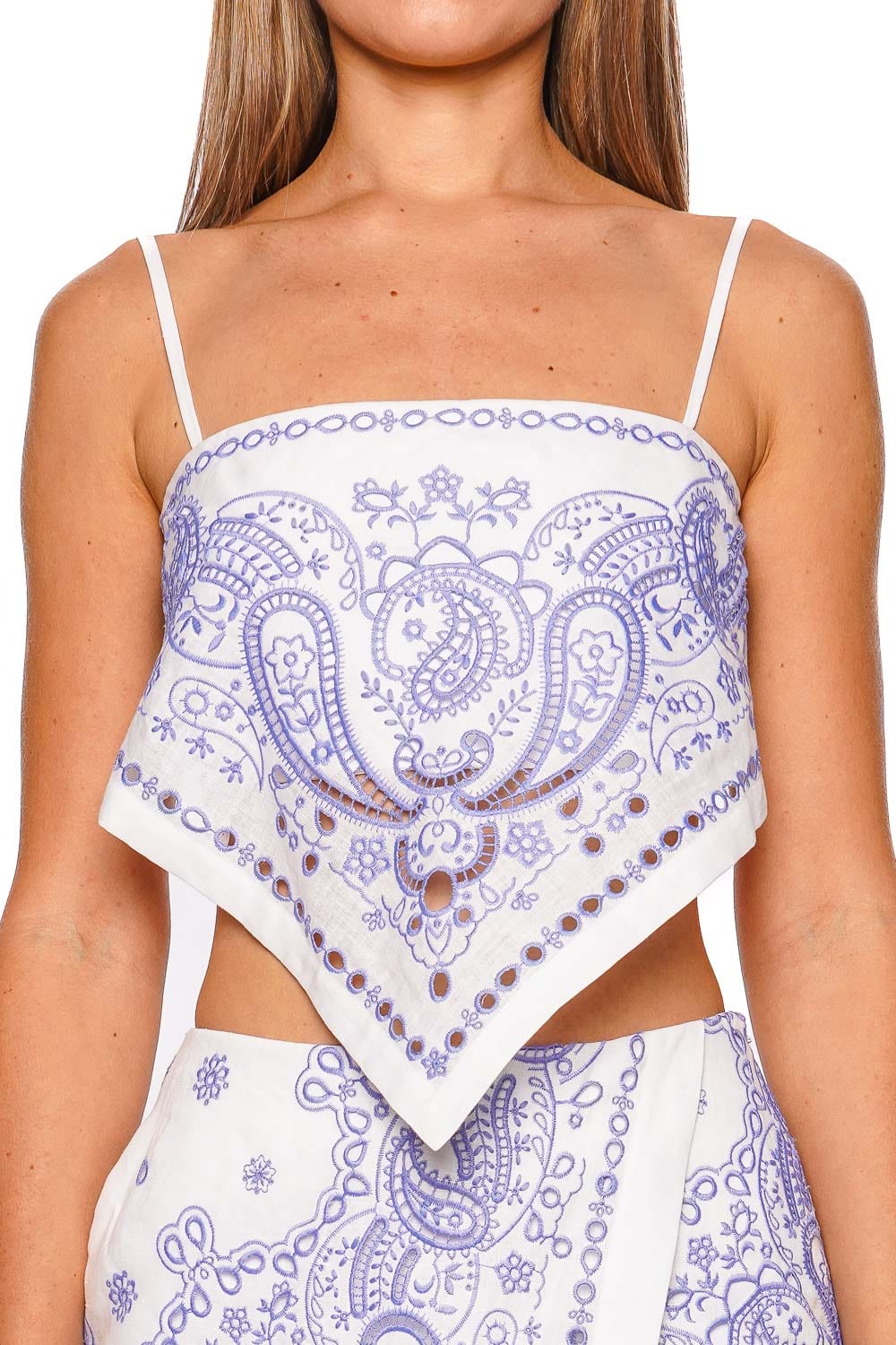 self-portrait Embroidered Blue Paisley Linen Top