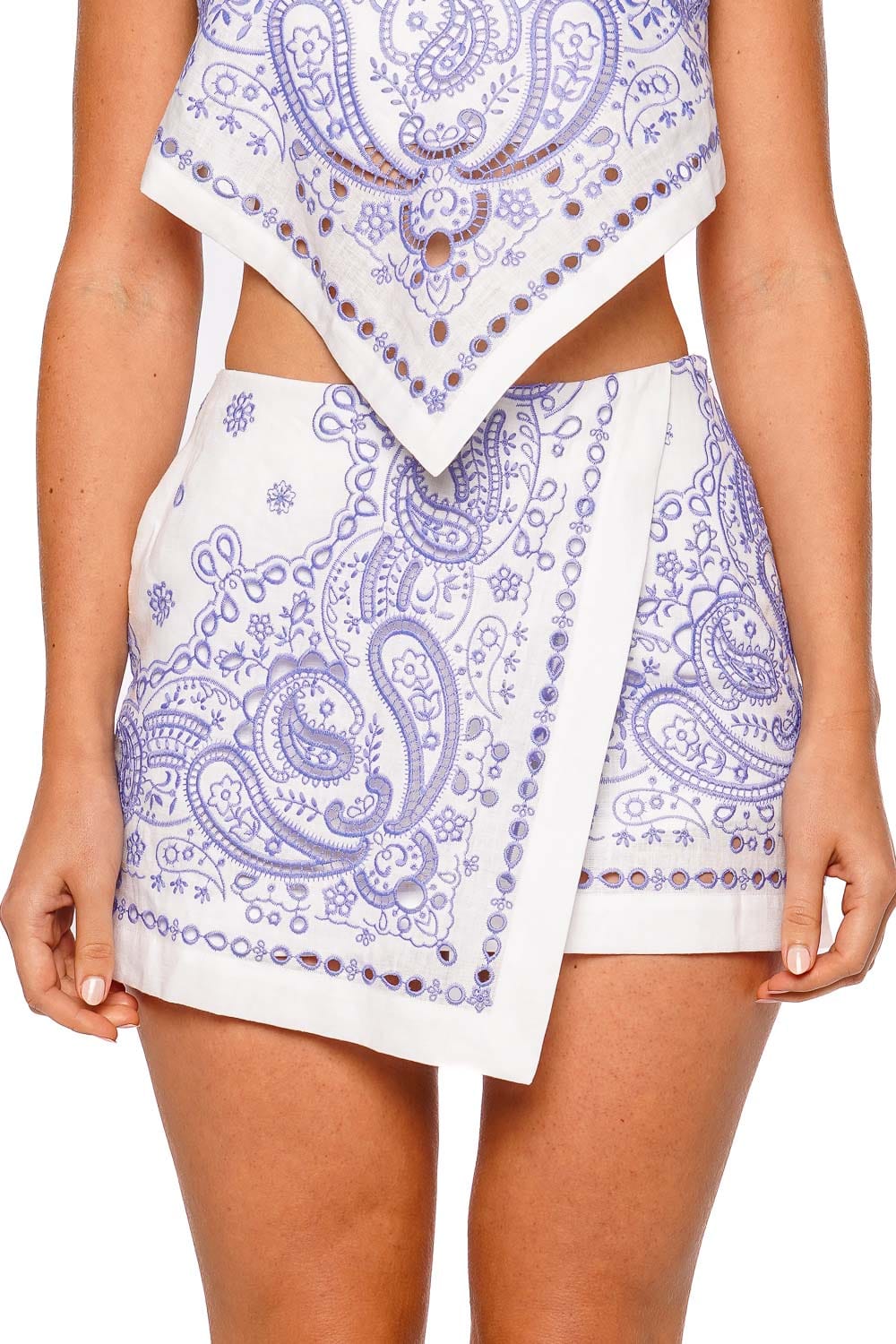 self-portrait Embroidered Blue Paisley Linen Skort