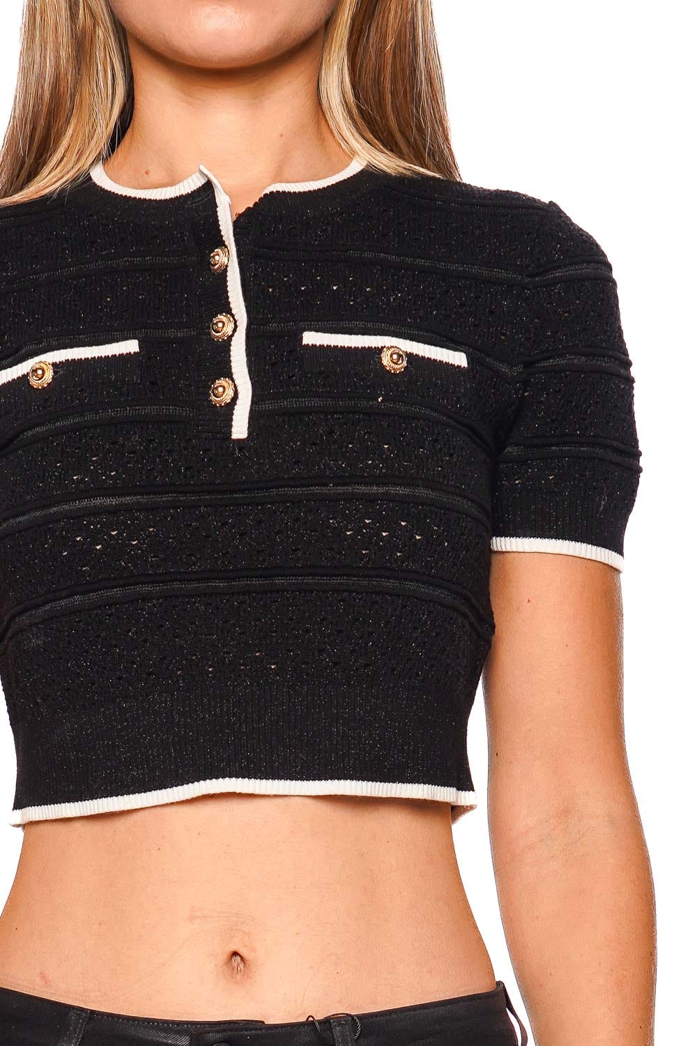self-portrait Black Pointelle Knit Short Sleeve Cropped Top