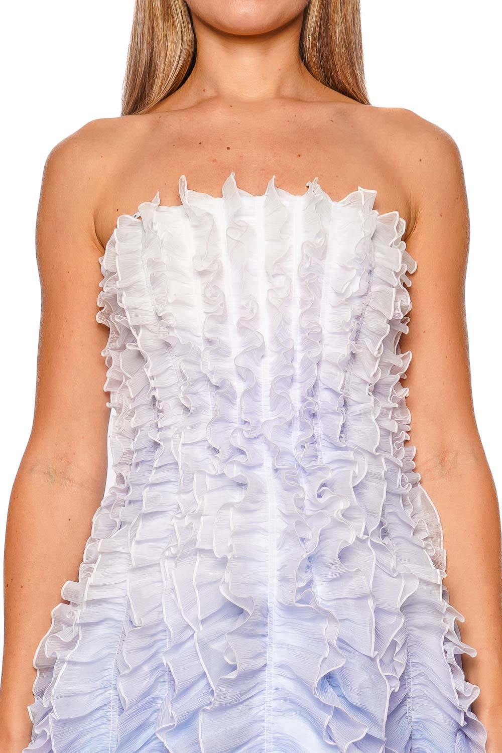 Aje. Temperance Blue Ombre Frilled Strapless Mini Dress